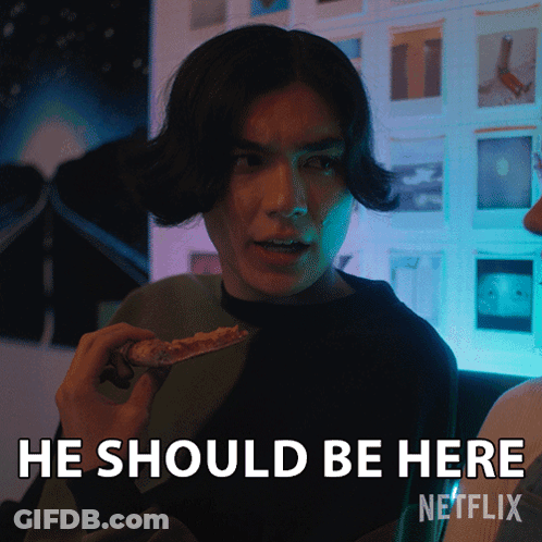 Man Holding Pizza Saying He Should Be Here Netflix GIF