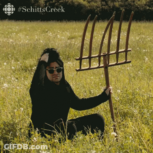 Man Holding Rake In Field #Schitts Creek GIF