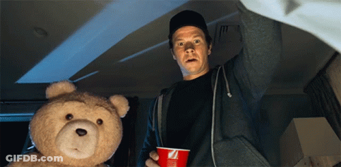 Man Holding Red Cup With Letter Z Next To Teddy Bear GIF