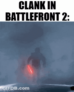 Man Holding Red Lightsaber Saying Clank In Battlefront 2 GIF