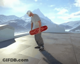 Man Holding Red Skateboard With Letter E GIF