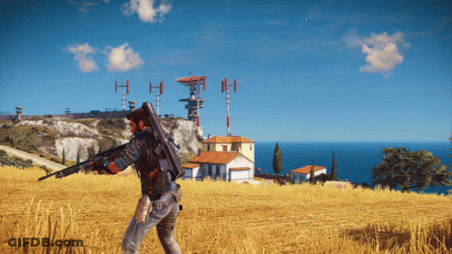 Man Holding Rifle In Field With Building Letter H GIF