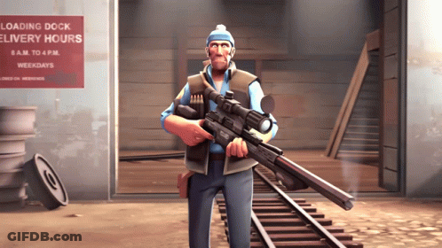 Man Holding Rifle In Front Of Loading Dock Delivery Hours Sign GIF