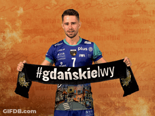 Man Holding Scarf With #Gdanskielwy GIF