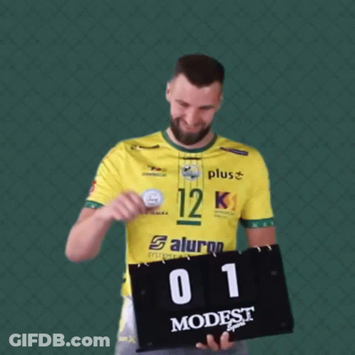 Man Holding Scoreboard Saying Modest GIF