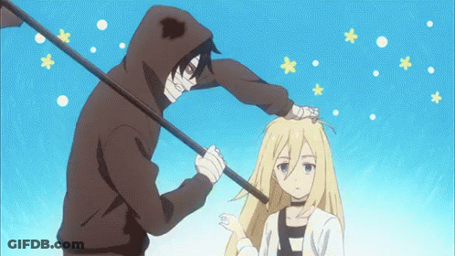 Man Holding Scythe Over Woman's Head GIF