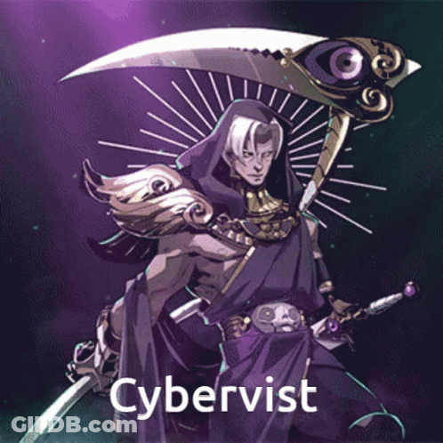 Man Holding Scythe Saying Cybervist GIF