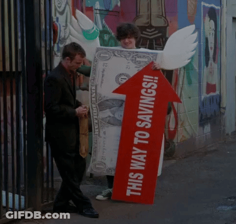 Man Holding Sign Saying This Way To Savings GIF