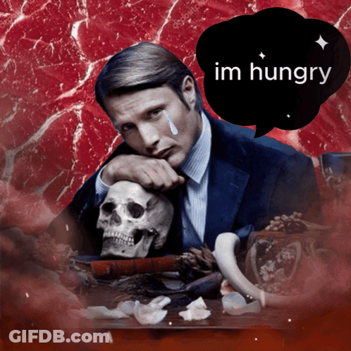Man Holding Skull With Hungry Speech Bubble GIF