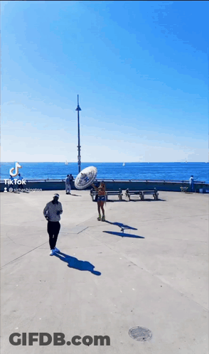 Man Holding Sombrero And Woman Rollerblading GIF