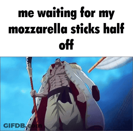 Man Holding Stick Saying Mozzarella Sticks Half Off GIF