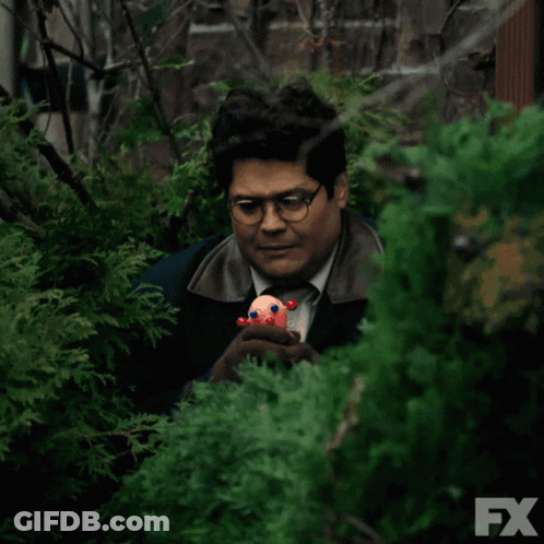 Man Holding Stuffed Animal Behind Bush With FX Logo GIF
