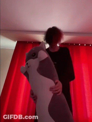 Man Holding Stuffed Animal In Front Of Red Curtain GIF