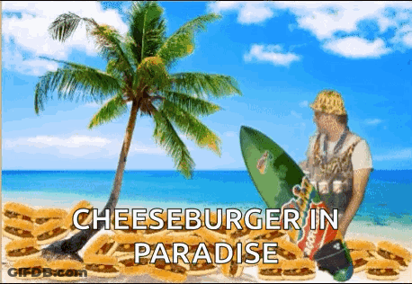 Man Holding Surfboard On Beach Surrounded By Cheeseburgers GIF