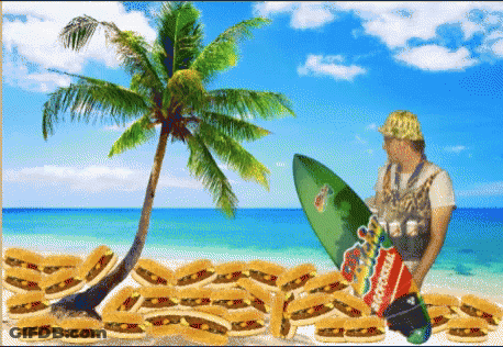 Man Holding Surfboard On Beach With Hot Dogs GIF