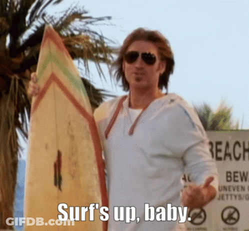 Man Holding Surfboard Surf's Up Baby GIF