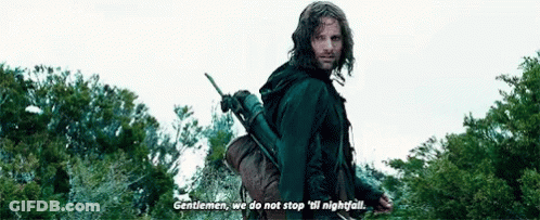 Man Holding Sword In Forest Saying Gentlemen We Do Not Stop Till Nightfall GIF