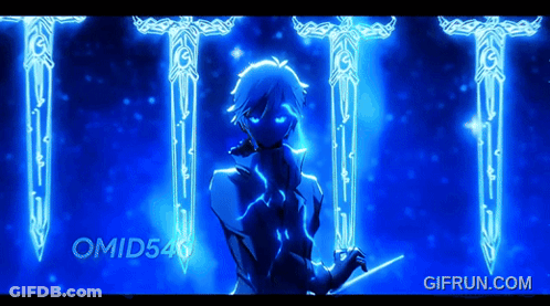 Man Holding Sword In Front Of Three Swords GIF