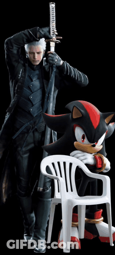 Man Holding Sword Next To Shadow The Hedgehog And White Chair GIF