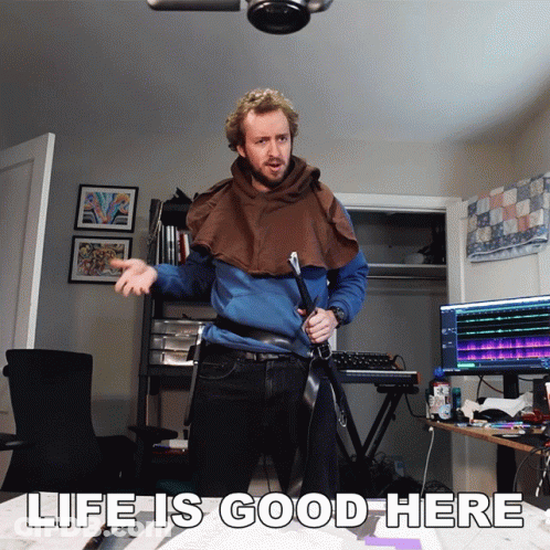 Man Holding Sword Saying Life Is Good Here GIF