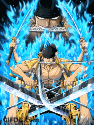Man Holding Sword With Flame Behind GIF