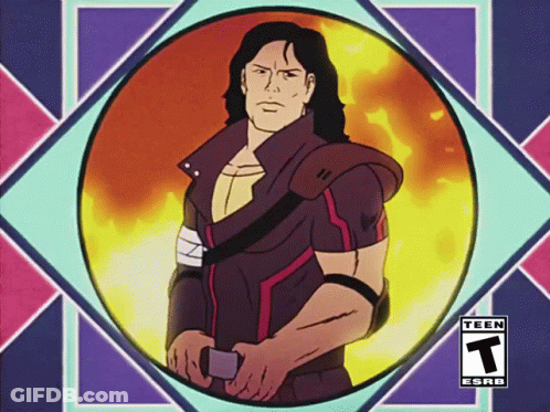 Man Holding Sword With T And ESRB GIF