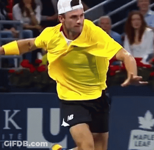 Man Holding Tennis Racquet In Front Of Lake Sign GIF