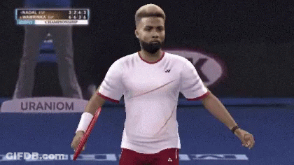 Man Holding Tennis Racquet Near Uranium Sign GIF