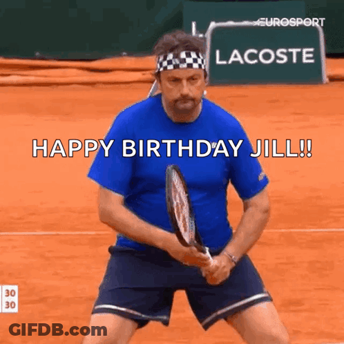 Man Holding Tennis Racquet Says Happy Birthday Jill GIF