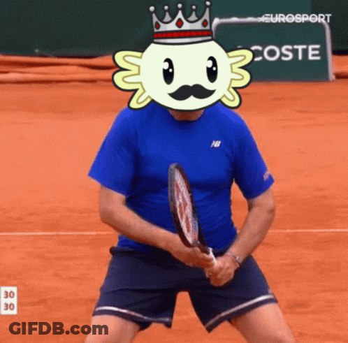 Man Holding Tennis Racquet With Cartoon Character And Crown On Head GIF