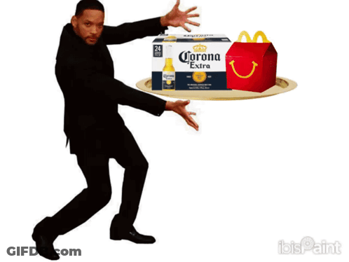 Man Holding Tray Of Corona Extra And Happy Meal GIF