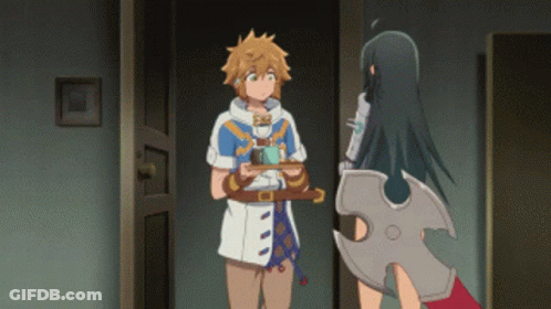 Man Holding Tray With Coffee And Woman Holding Sword GIF
