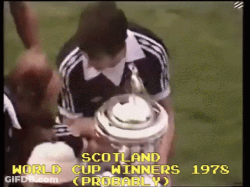 Man Holding Trophy Saying Scotland World Cup Winners Probably GIF