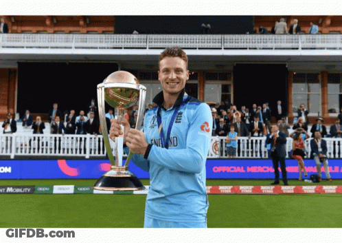 Man Holding Trophy With England On Shirt GIF