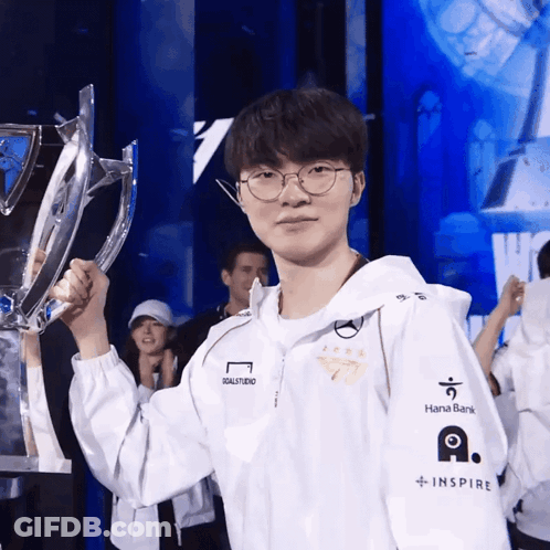 Man Holding Trophy With Hana Bank Sleeve GIF
