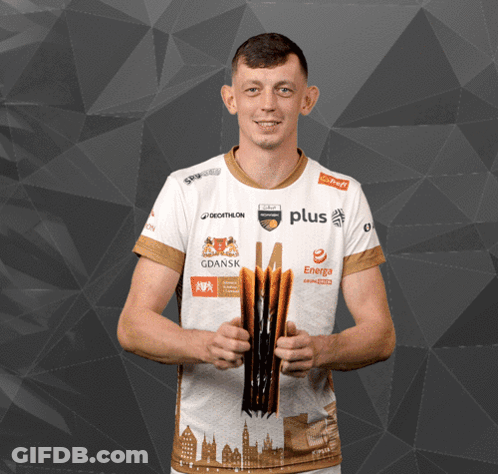 Man Holding Trophy With Plus Shirt GIF