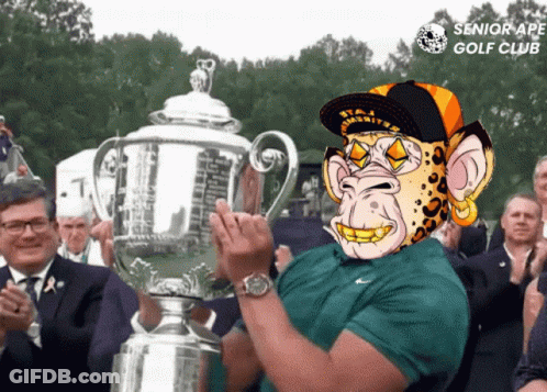 Man Holding Trophy With Senior Ape Golf Club Logo GIF