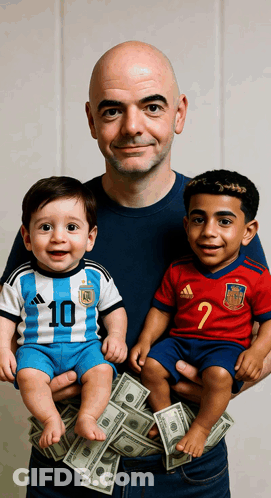 Man Holding Two Babies In Jerseys 10 And 7 GIF