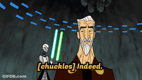 Man Holding Two Lightsabers Chuckles GIF
