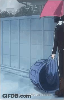 Man Holding Umbrella Over Trash Can Saying Sorry I Know Im Trash GIF