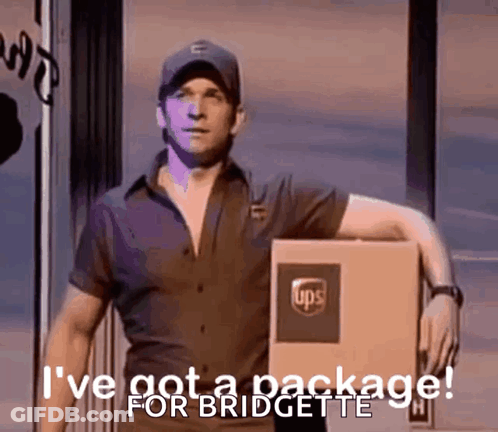 Man Holding UPS Package Saying I've Got Package For Bridgette GIF