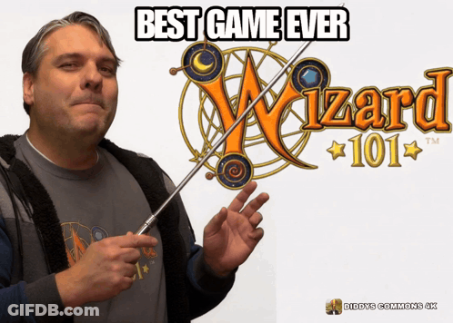 Man Holding Wand In Front Of Wizard 101 Sign GIF