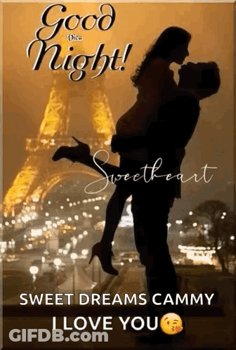 Man Holding Woman In Front Of Eiffel Tower Says Good Night GIF
