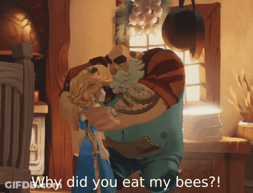 Man Holding Woman Saying Why Did You Eat My Bees GIF