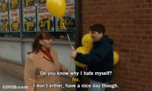 Man Holding Yellow Balloon Next To Woman Saying Do You Know Why I Hate Myself No GIF