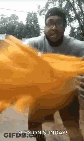 Man Holding Yellow Object Says Alex On Sunday GIF