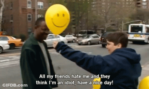 Man Holding Yellow Smiley Balloon Says All My Friends Hate Me GIF
