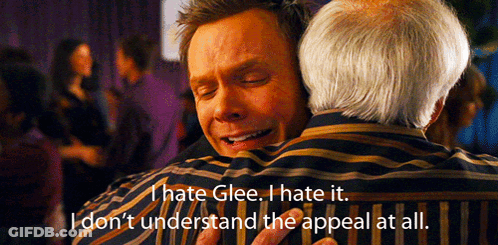 Man Hugging Another Man Saying I Hate Glee GIF
