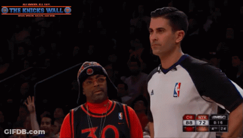 Man In 30 Jersey Beside Referee Knicks Wall GIF