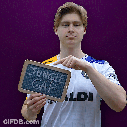 Man In Aldi Shirt Holding Chalkboard Saying Jungle Gap GIF